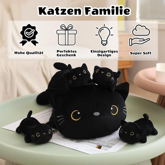 Thumbnail 6 de SQEQE Black Cat Plush – 5-in-1 giant cat pillow with removable 4 baby kittens