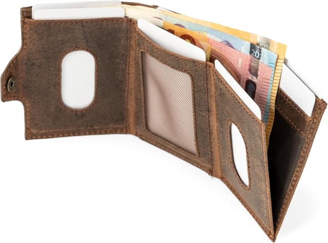 Detalle de Berliner Bags Vintage Slim Wallet Hamburg: Mini-Geldbörse aus Büffelleder mit RFID-Schutz für Herren – Braun
