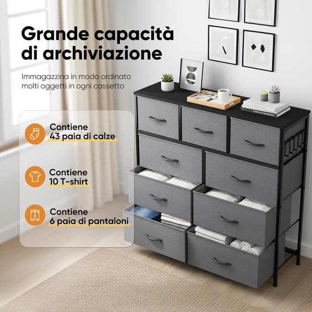 Detalle de HOKEEPER cassettiera stretta in tessuto con 9 cassetti e piano in legno/MDF (grigio)