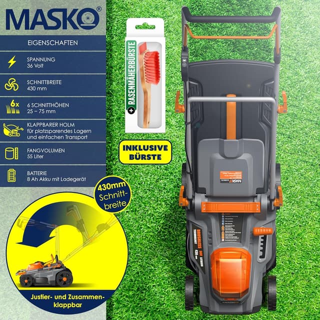 Detalle de MASKO® Akku-Rasenmäher mit Mulchfunktion, 2x 4Ah Li-Ion & Doppel-Ladegerät – bis 650 m²