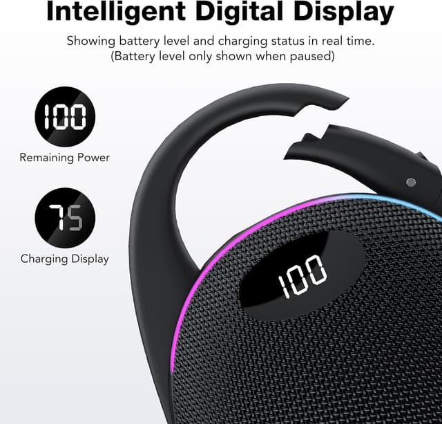 Detalle 2 de Tragbarer Bluetooth-Lautsprecher mit Licht, LED-Anzeige, Karabiner, RGB & TWS-Kopplung – Pro Sound Musikbox