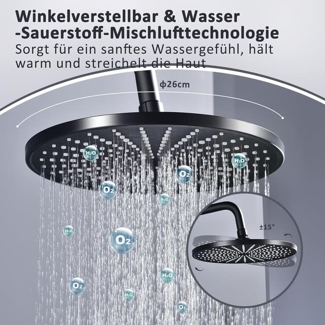 Detalle de Duschsystem mit Armatur – höhenverstellbare Regendusche (26 cm) & 3-funktion Handbrause aus Edelstahl