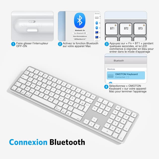Thumbnail 6 de OMOTON Clavier Bluetooth sans fil pour Mac AZERTY rechargeable (3 canaux) – Argent