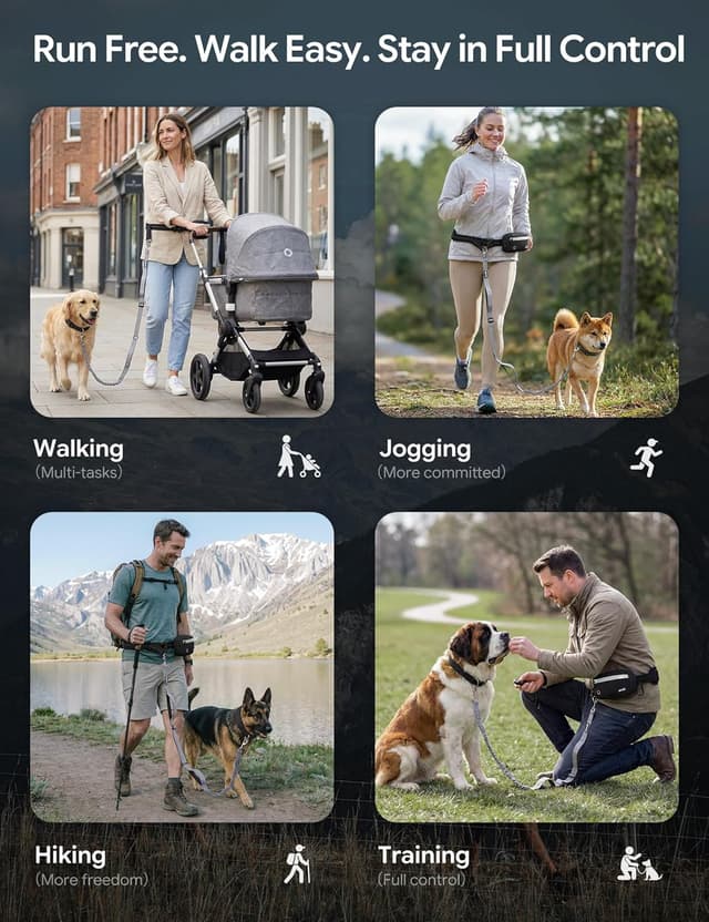 Detalle de Pecute Joggingleine für Hunde (15–55 kg) mit breitem Bauchgurt, wasserdichter Hüfttasche & Stoßdämpfungs-Bungee