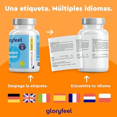 Detalle de Gloryfeel Glicinato de Magnesio (bisglicinato) 240 cápsulas, 400 mg de magnesio elemental/día