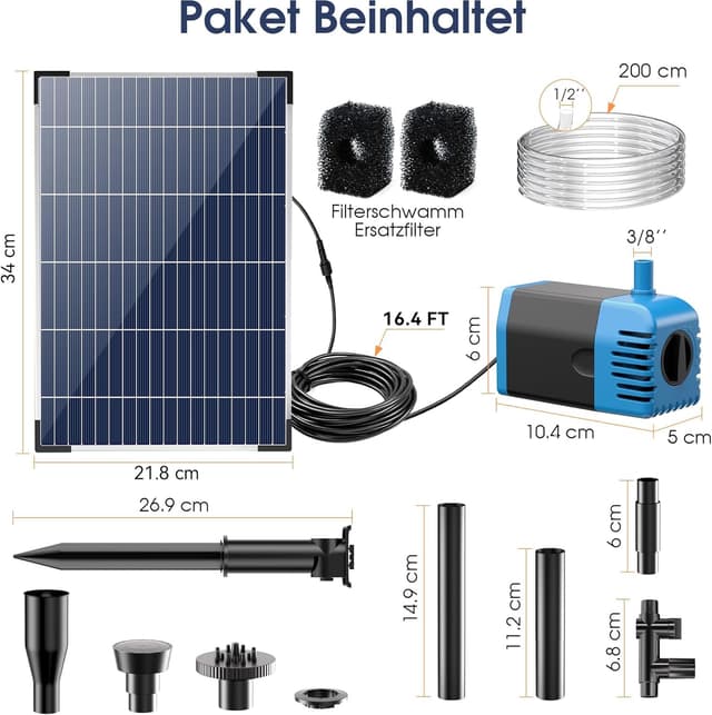 Detalle 2 de Biling Solar Springbrunnen für Außen – 12W Solarpumpe mit 605 l/h, 4 Düsen und 2 m Schlauch