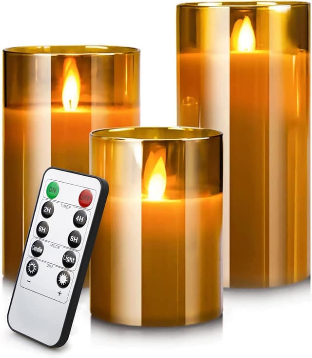 Thumbnail 6 de YMing flameless LED candles set (4"/5"/6") with remote and timer – real-wax style, gold glass pillars