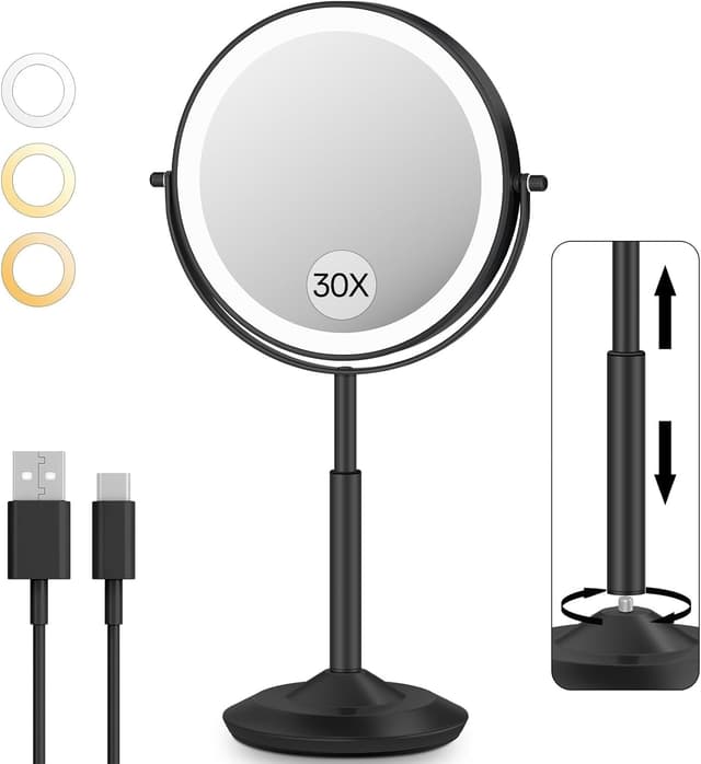 Detalle de VFD 30X/1X Lighted Makeup Mirror with Height Adjustment and Rechargeable Battery