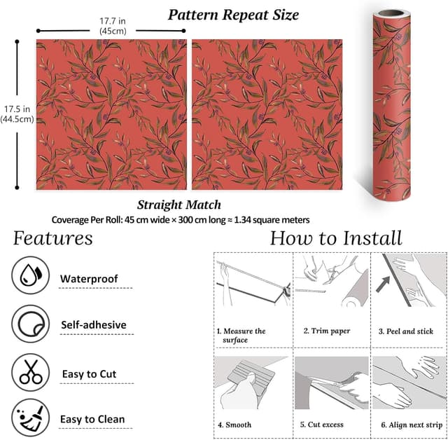 Thumbnail 6 de VEELIKE Vintage Zinnoberorange Blatt Tapete 44,5×300 cm