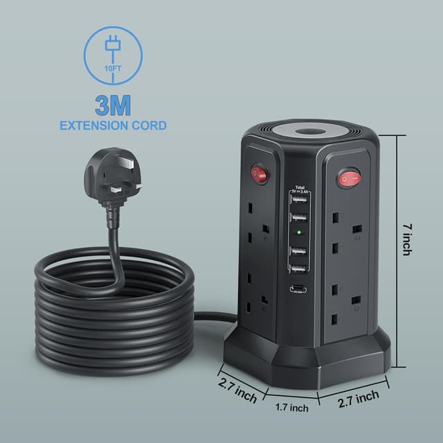 Thumbnail 5 de Tower Extension Lead 8-Way 3M with 5 USB Ports 🔌