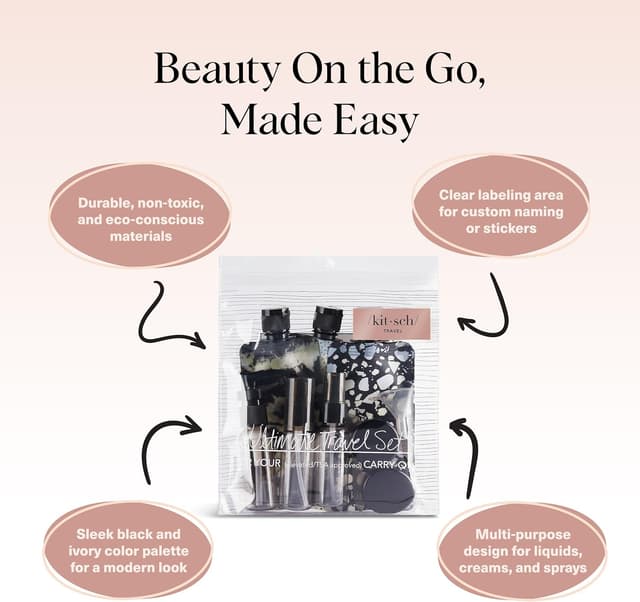 Detalle 1 de Kitsch 11 PCS Travel Bottles for Toiletries Travel Essentials Kit (Black & Ivory) – Leak-Proof Refillable Containers