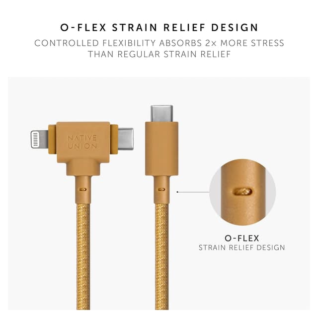 Detalle de Native Union Belt Cable Duo 1.5m/5ft ultra-strong braided 2-in-1 MFi charging cable (Lightning & Type-C) – Kraft
