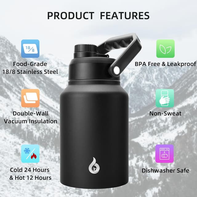 Detalle de BJPKPK 64 oz Insulated Water Bottle (Half Gallon) with Ergonomic Handle, Leak-Proof BPA-Free Stainless Steel Jug