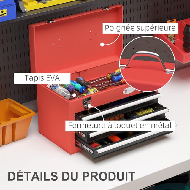Thumbnail 2 de DURHAND Caisse à Outils Acier 3 tiroirs Rouge