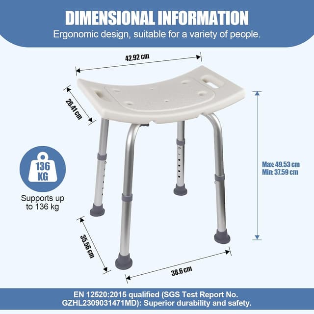 Detalle 2 de Ez2care Non-Slip Adjustable Shower Stool (Rust-Free Aluminium) – 37.5 to 49.5 cm