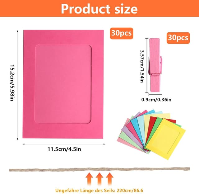 Detalle 2 de RUGLAMZHIP 30er Papier-Bilderrahmen aus Kraftpapier (15,2 x 11,5 cm) mit Holzklammern & Hanfseil für Fotogirlanden