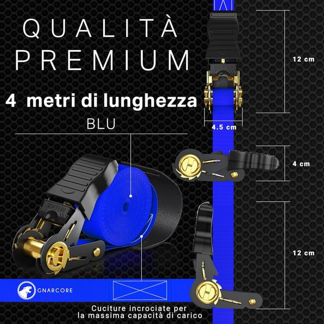 Detalle de Cinghie di fissaggio a cricchetto Premium (set da 4) da 800 kg con borsine e certificato DIN EN 12195-2
