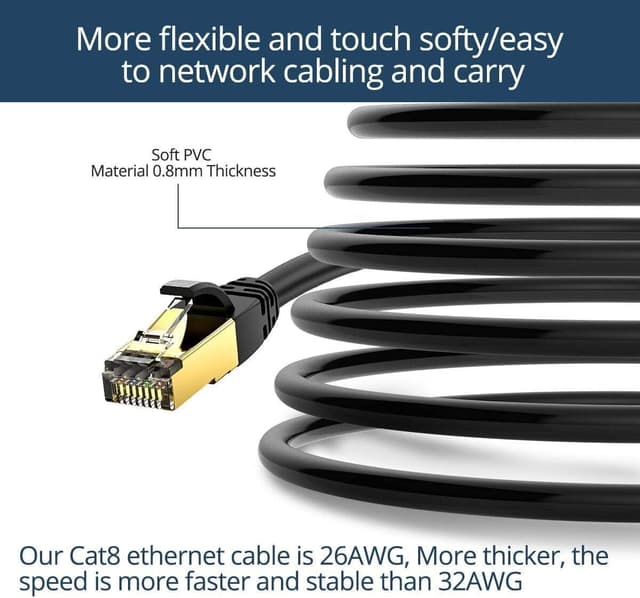 Detalle de VEEtOP Cat8 LAN-Kabel mit vergoldetem RJ45 – schnelles Ethernet für Gaming, Smart Home & Office