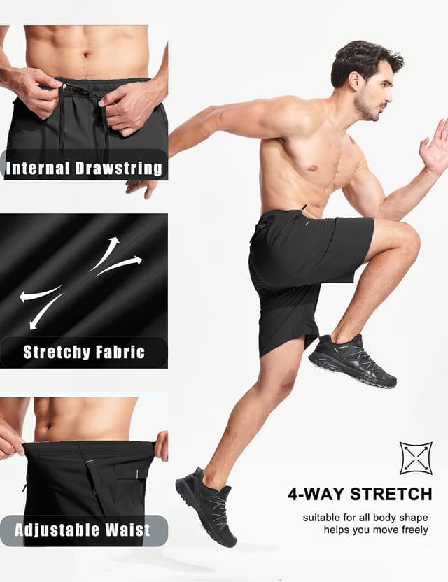 Detalle de MAGCOMSEN men’s gym shorts with zip pockets — quick-dry stretch running, walking & outdoor shorts