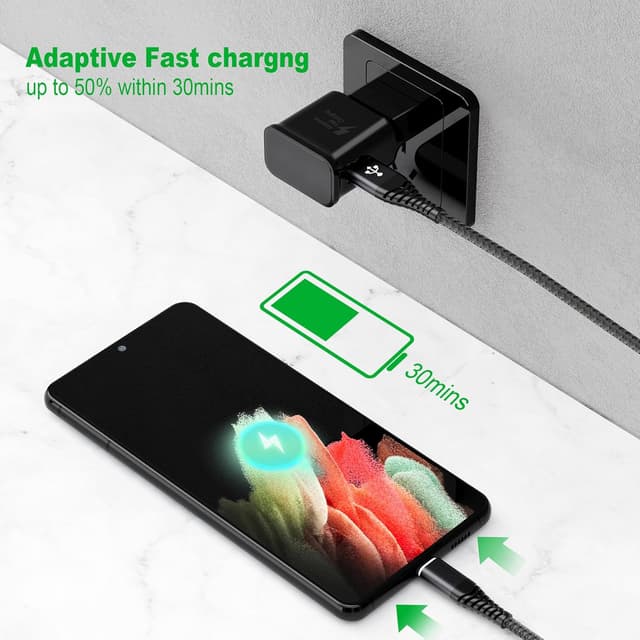 Detalle 2 de 2-Pack chargeur USB-C rapide adaptatif avec câble USB-C 2 m (nylon) compatible Samsung Galaxy et autres appareils USB-C