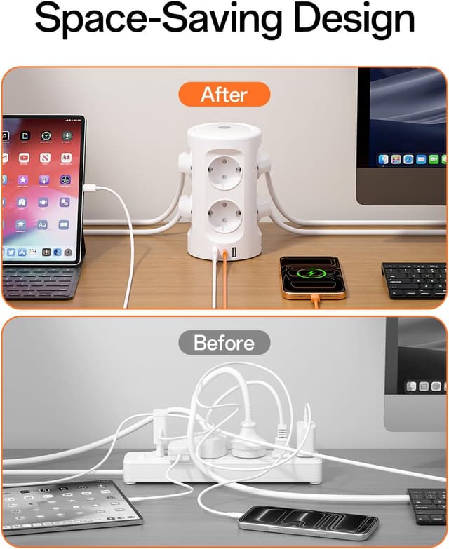 Detalle 2 de KEMELO 8-fach Mehrfachsteckdose mit Nachtlicht und USB‑C, Überspannungsschutz, Schalter & 2‑m-Kabel (3600 W)