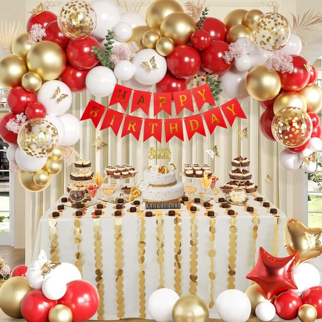 Detalle 2 de WEQTWL Red and Gold Birthday Party Decorations with Happy Birthday Banner, Balloons and Cake Topper