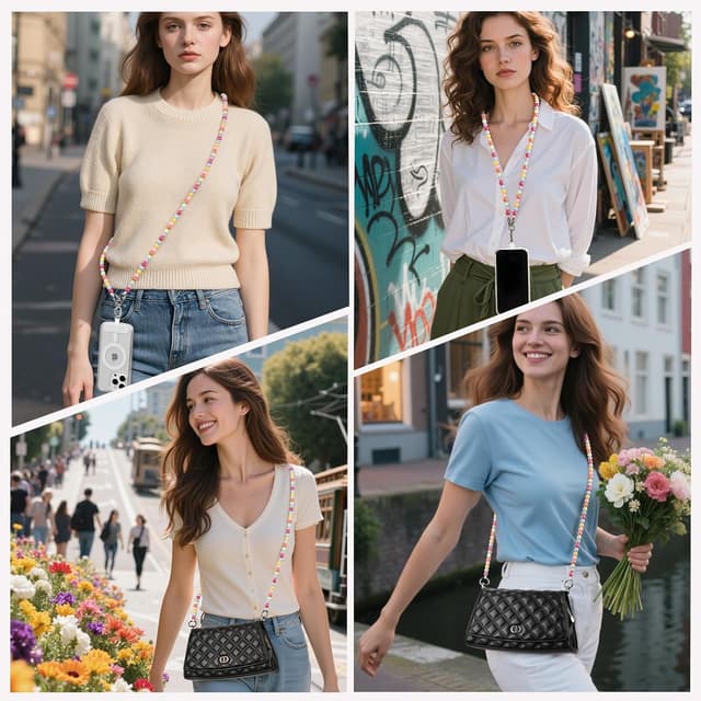 Detalle de Qyoocom chaîne de téléphone portable avec perles colorées et cordon amovible (2 patchs) – cordon universel