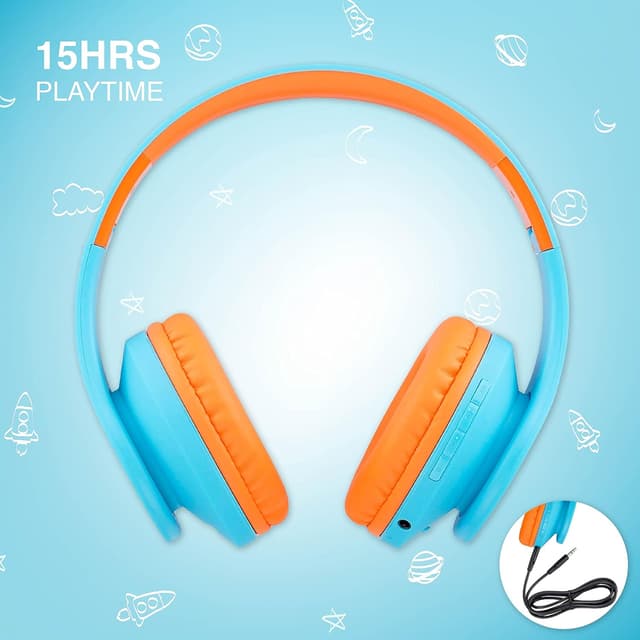 Detalle 2 de PowerLocus P2 Kids Wireless Headphones (Bluetooth, 85DB Volume Limit) with Microphone & Micro SD Support – Blue/Orange