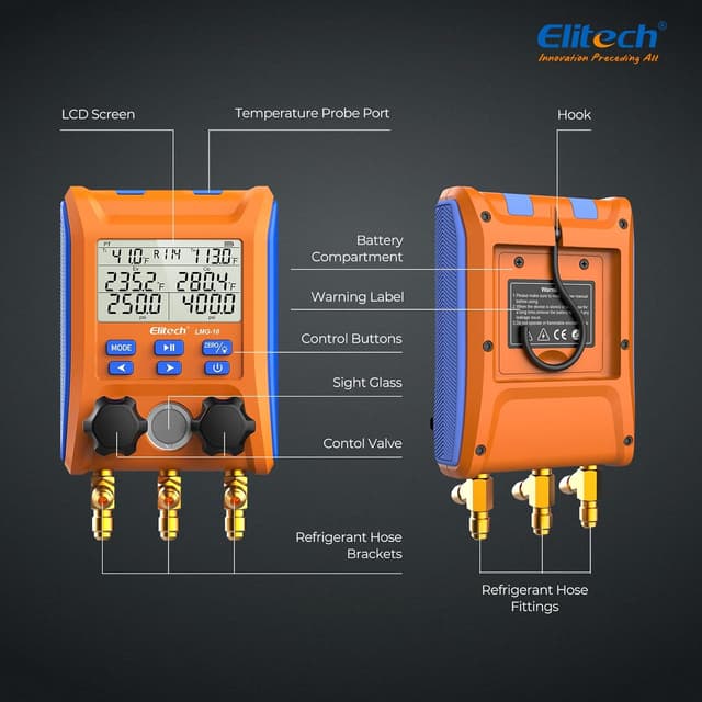 Thumbnail 6 de Elitech LMG-10Plus 2-Way Digital Manifold for HVAC Refrigerant Pressure & Superheat/Subcooling