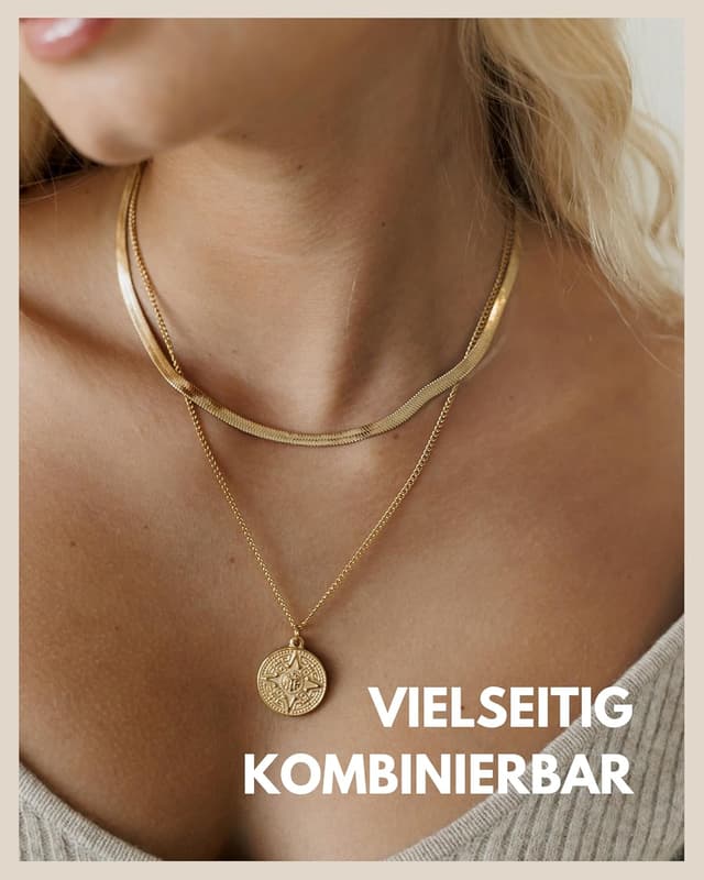 Detalle 2 de GD GOOD.designs Piratenkette Damen mit Kompass-Anhänger – wasserfest vergoldete 18K Kette aus 316L Edelstahl