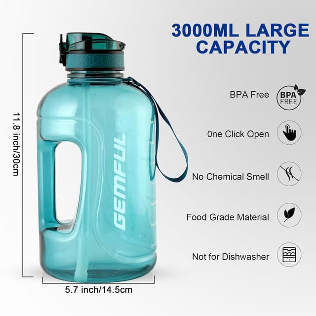 Detalle de GEMFUL 3 L Motivational Water Bottle with Straw & Handle (Cyan) – BPA-free leak-proof hydration jug