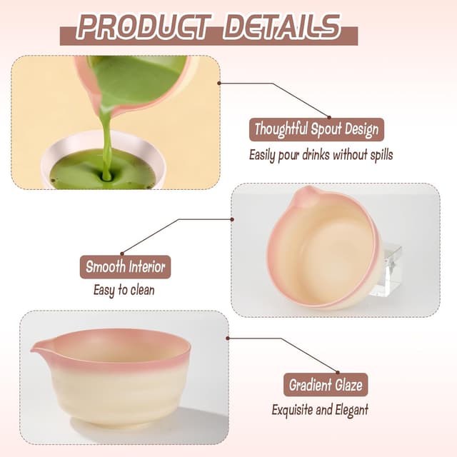 Detalle de Japanisches Matcha Tee Set in Rosa (5-teilig) mit Bambustablett, Besen und Schale