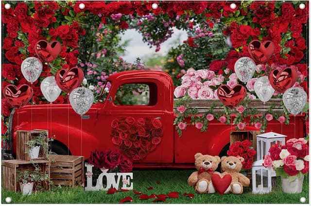 Detalle de Luminora 7x5ft Valentine’s Day Truck Backdrop (Pink, Rose Forest Garden) for Photo Booth & Wedding Parties