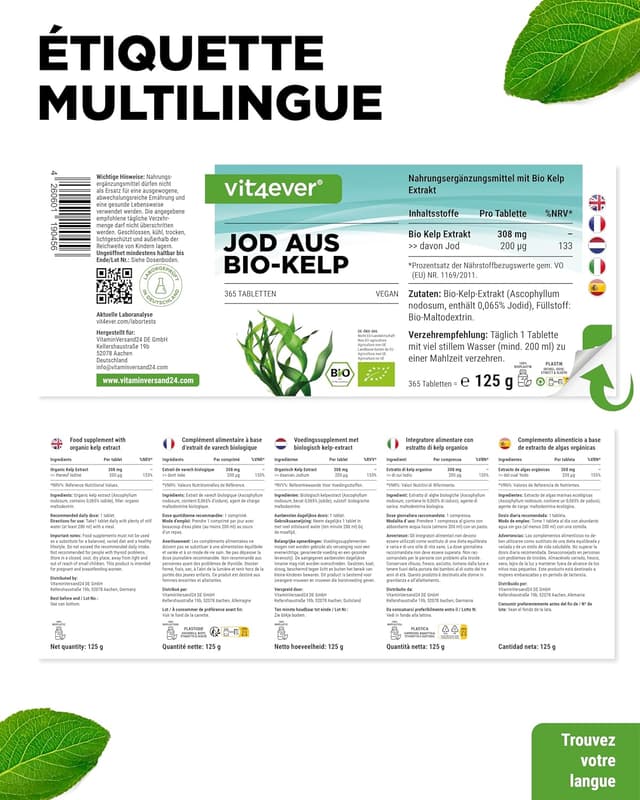 Detalle de Kelp Bio (Iode Naturel) – Complément alimentaire vegan, 365 comprimés dosés à 200 µg d’iode