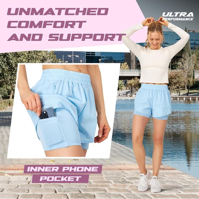 Detalle de Ultra Performance Women’s Running & Gym Shorts (Pack of 2) with Inner Compression Liner