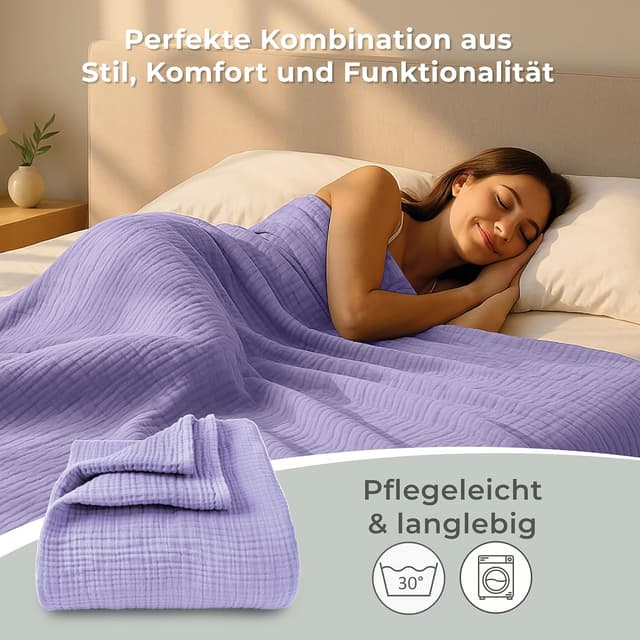 Thumbnail 6 de LAYNENBURG Premium Musselin Tagesdecke 150x200 cm aus 100% Baumwolle (Lavendel)