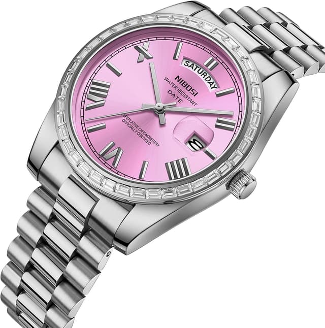 Detalle de NIBOSI Herren Analog Quarz-Uhr mit Tages- und Datumsanzeige, Edelstahl & Diamantlünette