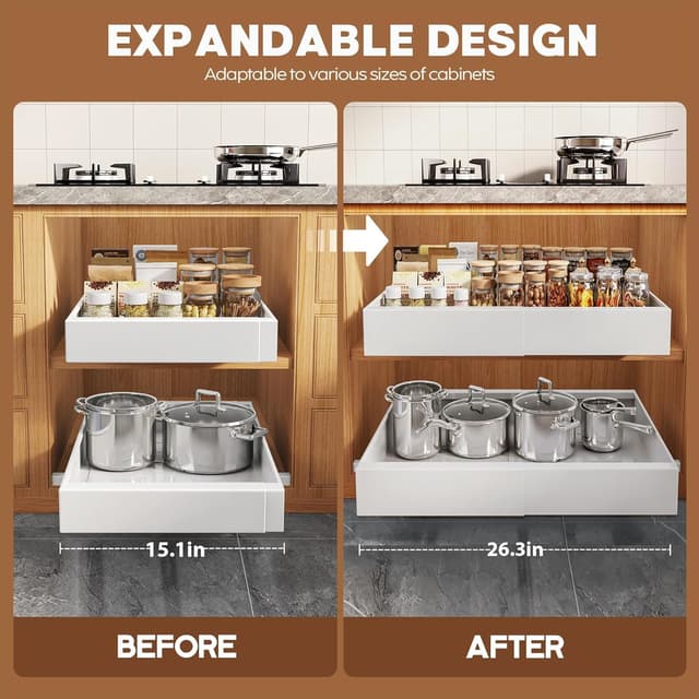 Detalle de Seinloes 4-Pack Expandable Pull-Out Cabinet Organizer (15.1"–26.3" Wide, Up to 21" Deep)