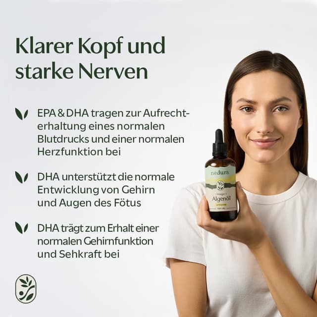 Detalle 2 de nedura® Omega 3 Algenöl mit Zitronenöl (vegan) – natürliches DHA & EPA, laborgeprüft, 100 ml