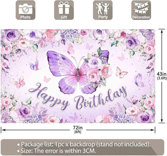Detalle de Luminora 72x43 inch Purple Butterfly Happy Birthday backdrop (watercolour floral pink rose)