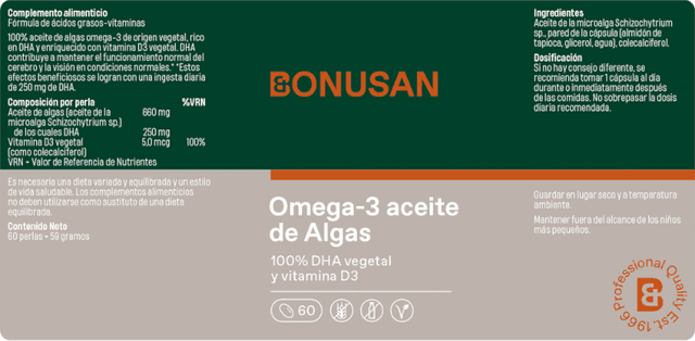 Detalle 2 de Bonusan Omega-3 Aceite de Algas 60 perlas 💊