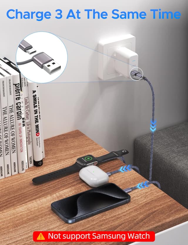 Detalle de Amasuki 2Pack Travel Essentials Multi Charging Cable (Lightning to Lightning, 3-in-2) for Apple Watch & iPhone