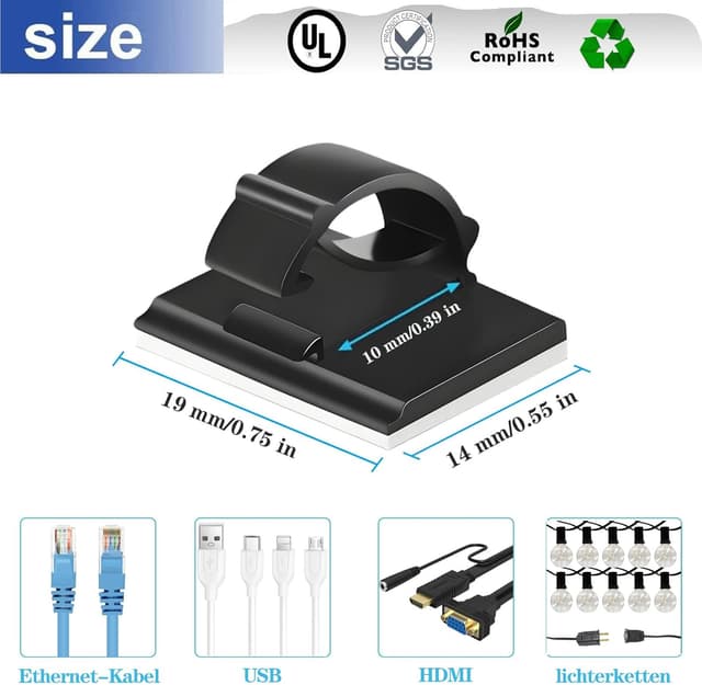 Detalle 2 de KLJ Kabelhalter-Haken für Lichterketten, selbstklebend (50er-Pack) – schwarz