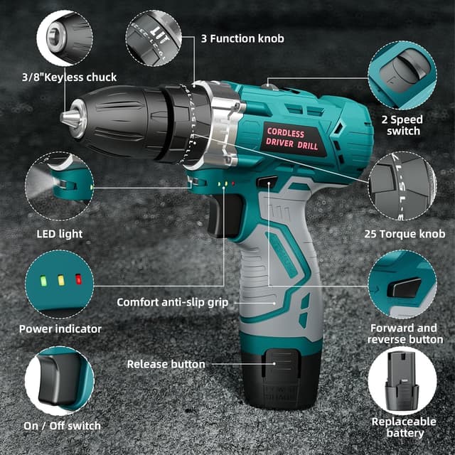 Detalle de PONOSEU Trapano Avvitatore 12V Compatto (kit completo) con 2 batterie da 2000 mAh, 25+3 regolazioni e set 24 pezzi