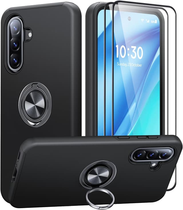 Detalle de AOUIA case for Samsung Galaxy A56 5G (Black) with 2-pack screen protectors and 360° ring kickstand