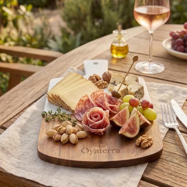 Detalle de Ensemble OYATERRA® de 2 planches apéritif bois & marbre (acacia FSC) pour plateau fromage, charcuterie et service