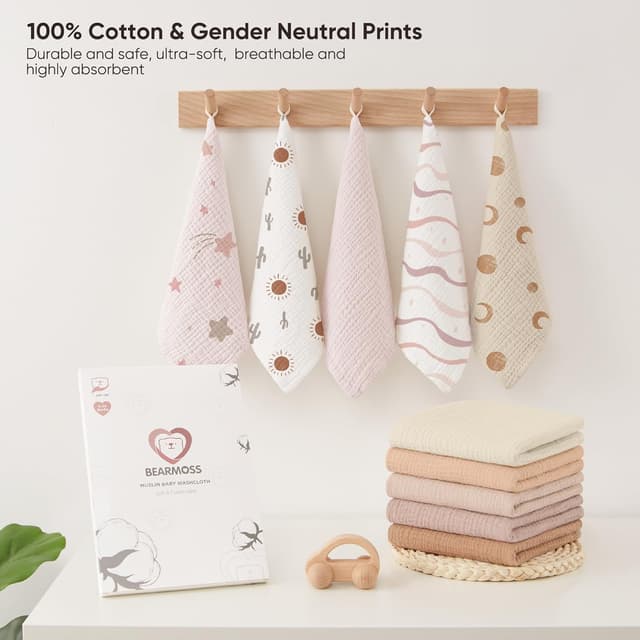 Detalle de Bearmoss muslin baby burp cloths 25x25cm 10 pack