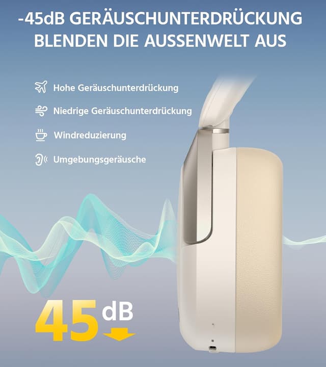 Detalle de Edifier W830NB Wireless Over-Ear Kopfhörer mit -45 dB ANC, bis zu 94 Std. Akku und LDAC Hi-Res Sound (Elfenbein)