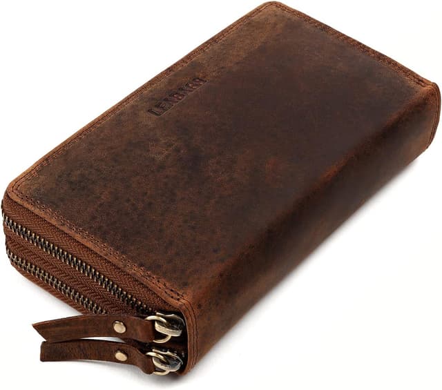 Detalle de LEABAGS Leder Geldbörse Damen – XXL Portemonnaie mit RFID/NFC-Schutz, Doppelter Reißverschluss (Vintage Dunkelbraun)
