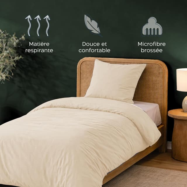 Detalle de Twinzen Parure de lit 140x200 cm en microfibre beige avec housse de couette et 1 taie 65x65 cm